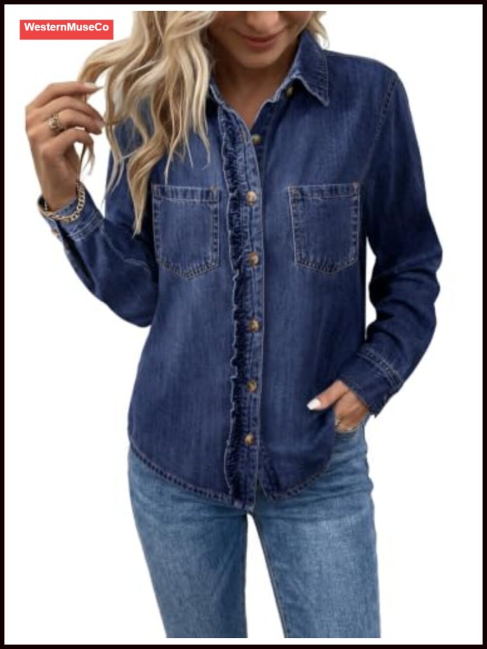 Ruffle Trim Button Down Denim Shirt Long Sleeve Cotton Blend